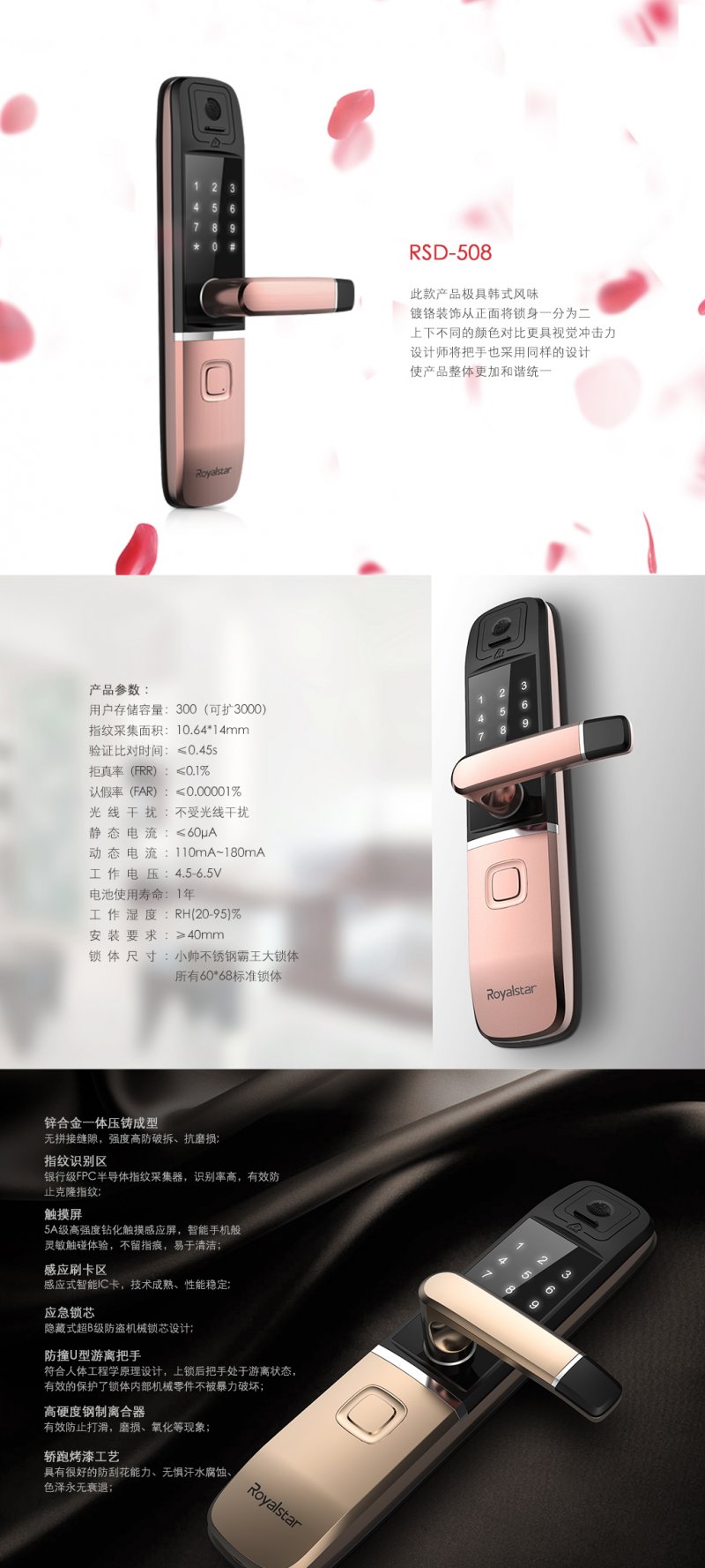 荣事达RSD-508智能门锁 香槟金机身，开启智能安全新境界
